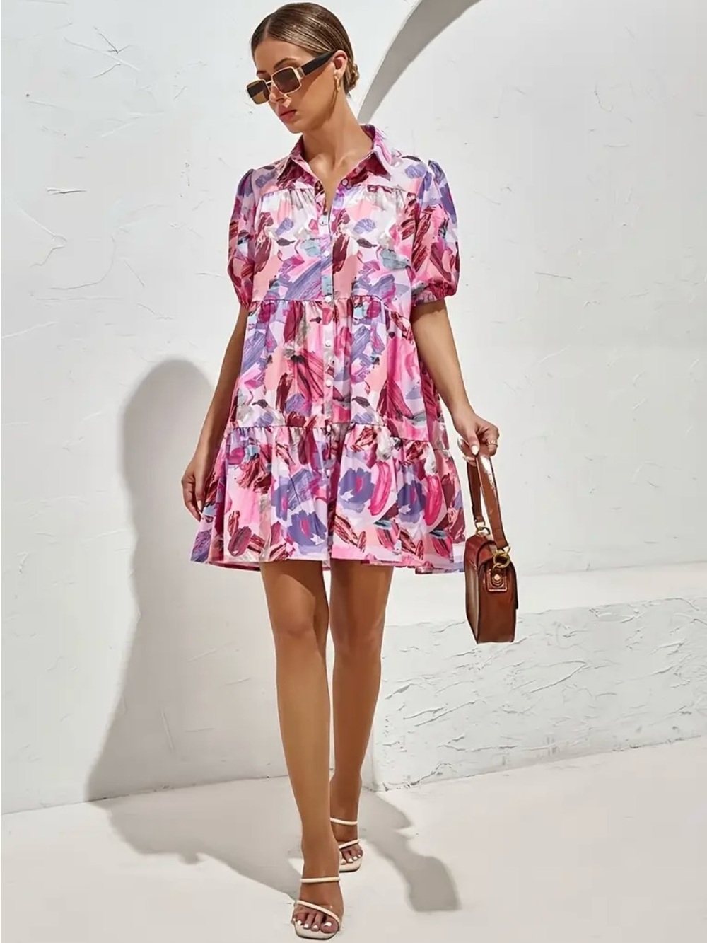 SHEIN Pink Floral Button-Front Tiered Mini Dress